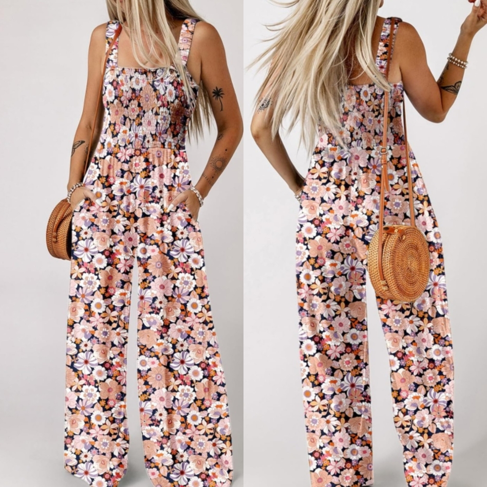 DOKOTOO FLOWER CHILD SMOCKED TOP WIDE LEG FLORAL JUMPSUIT POCKETS SIZE SM/MED